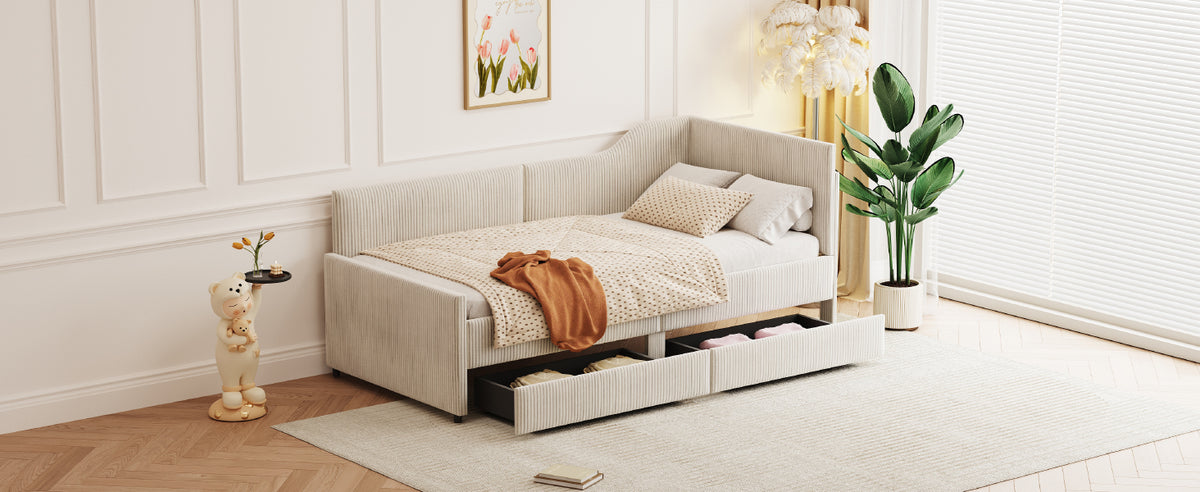 Twin Size L Shaped Corduroy Daybed,Upholstered Bed Frame With 2 Storage Drawers, Beige Twin Beige Wood Fabric