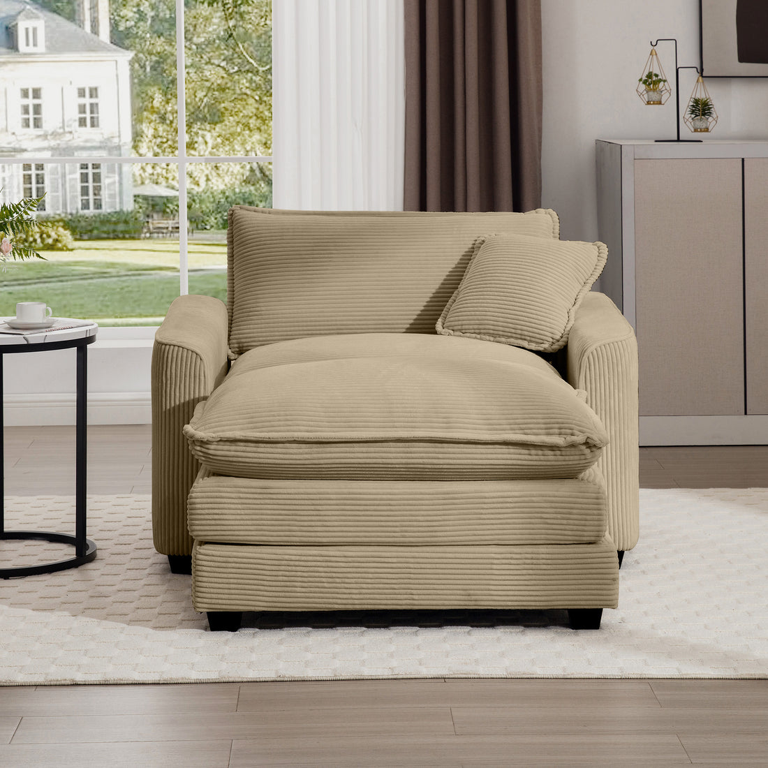 Comfortable Single Chair Deep Seat Sofa With Footstool With One Pillow, Suitable For Living Room And Bedroom, Club Multiple Occasions, Tan Corduroy Fabric Tan Corduroy 1 Seat
