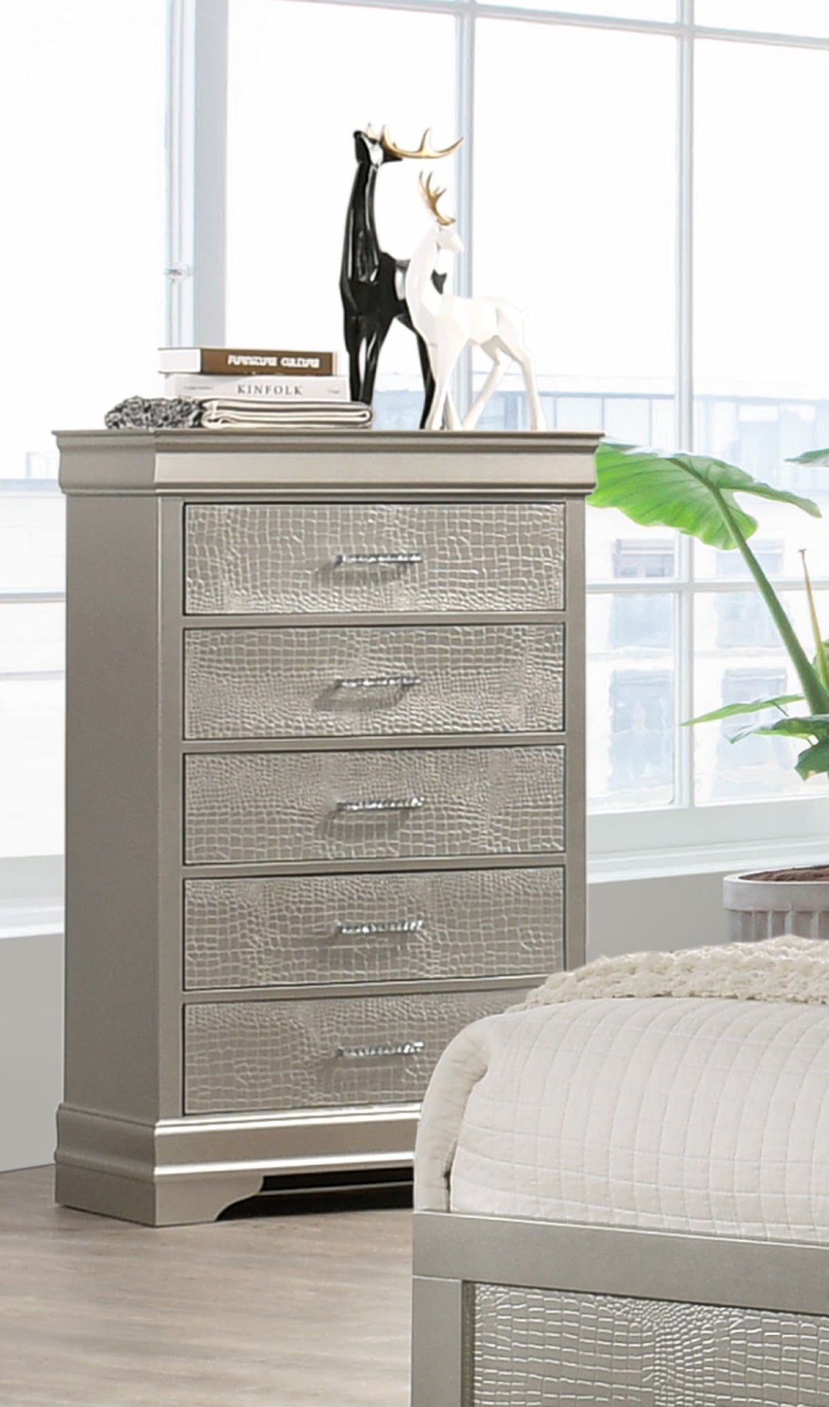 5 Drawer Tall Chest Modern 1Pc Beige Champagne Texture Finish Solid Wood Wooden Crystal Tufted Handle Bedroom Home Furniture Beige,Champagne Bedroom Modern Wood