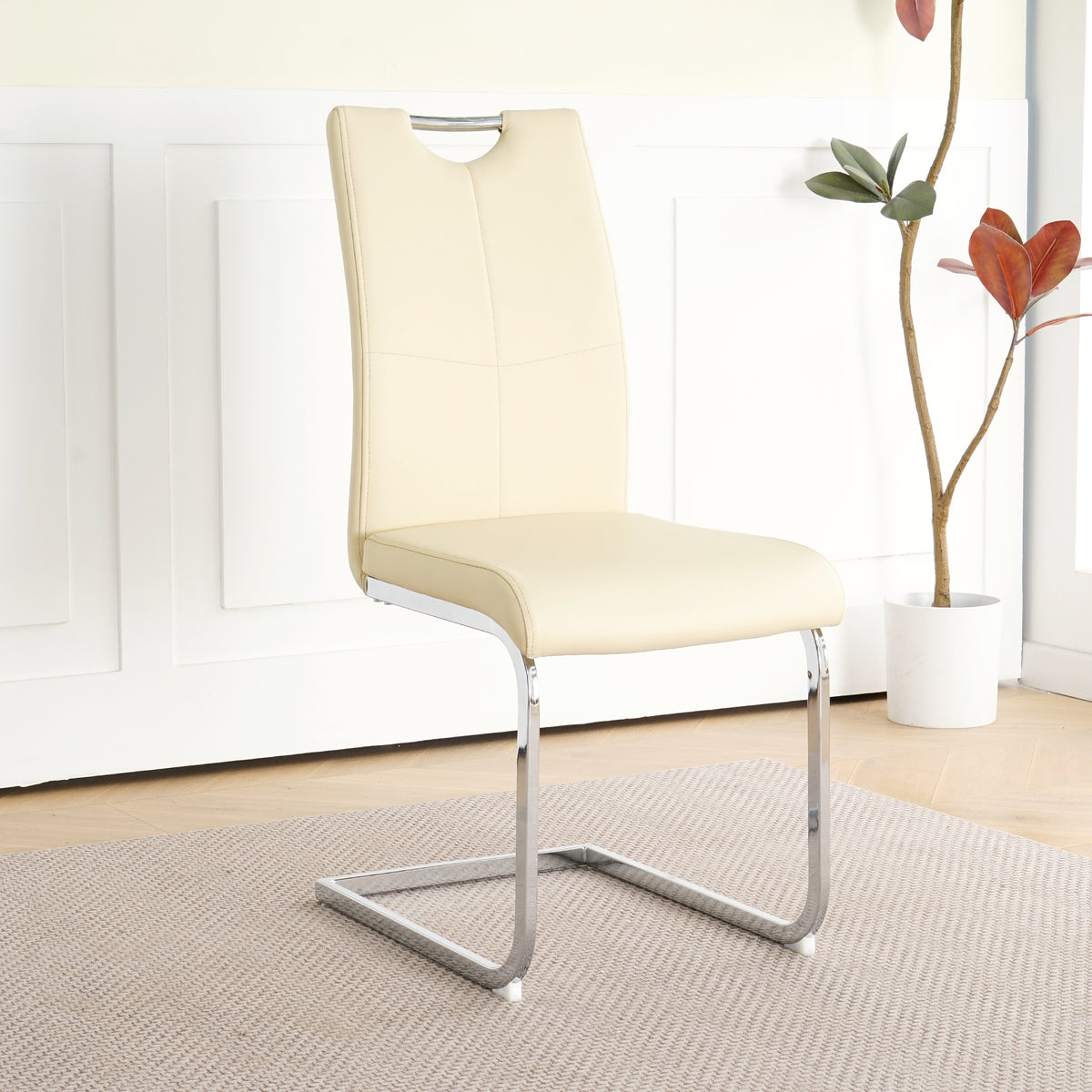 Modern Pu Dining Chair Living Room Chair Upholstered Chair, Electroplated Metal Legs Design, Kitchen, Living Room, Bedroom, Dining Room Side Chair Set Of 2 Light Yellow Metal