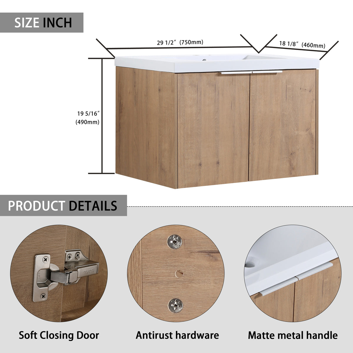 72" Wall Mounted Bathroom Vanity With Sink And Side Cabinet, Soft Close Doors,00112Imo 00630Imox2 00612Gwh Combination Cabinet Kd Packing Imitative Oak Bathroom Modern Plywood Plywood