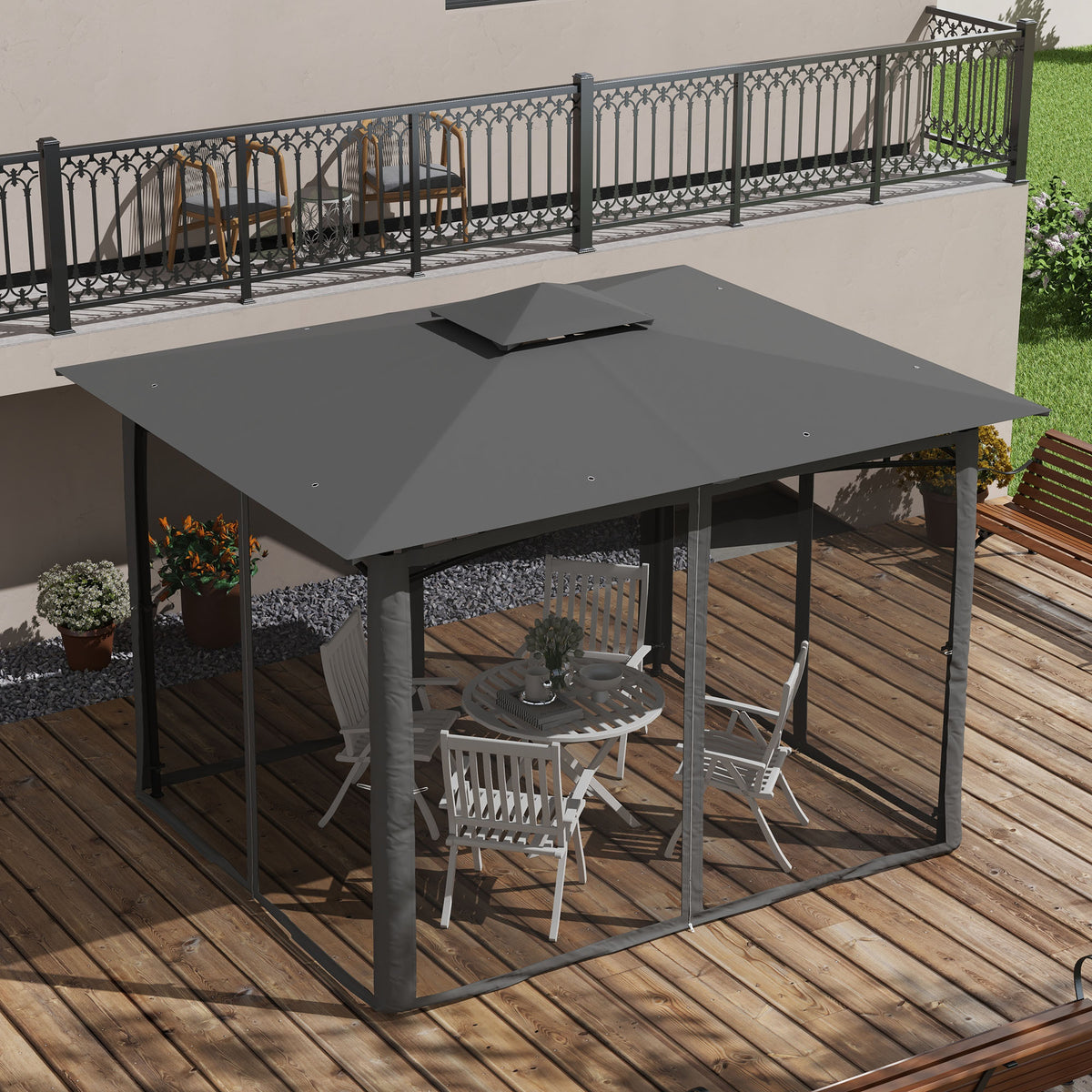 Outsunny 10' X 12' Patio Gazebo With Netting, Double Roof Outdoor Gazebo Canopy Shelter, Solid Metal Frame For Garden, Lawn, Backyard, Deck, Dark Gray Gray Metal