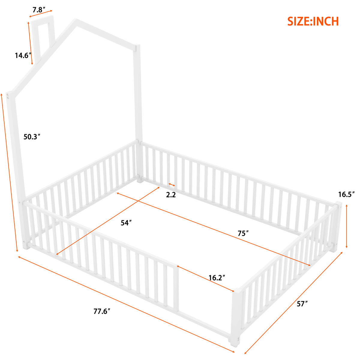 Full Size Metal House Platform Bed With Guardrail And Chimney, White Box Spring Not Required Full White Metal Metal