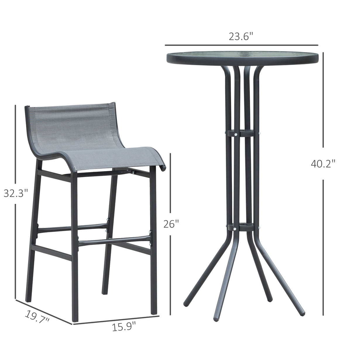 Outsunny 3 Piece Bar Height Outdoor Bistro Set For 2, Round Patio Pub Table 2 Bar Chairs With Comfortable Design & Strong Build, Charcoal Gray Charcoal Grey Metal