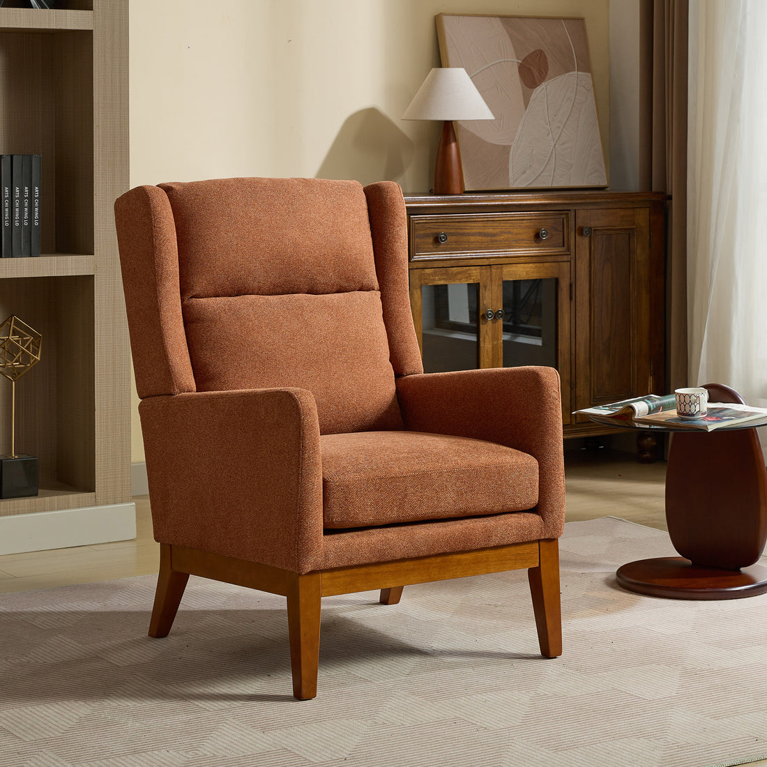26.18" Wide Modern Accent Chair,Polyester Blend High Back Reading Chair ,Upholstered Armchair Club Chair,Single Sofa With Wood Legs For Living Room,Bedroom,Reading Room,Office,Orange Orange Foam