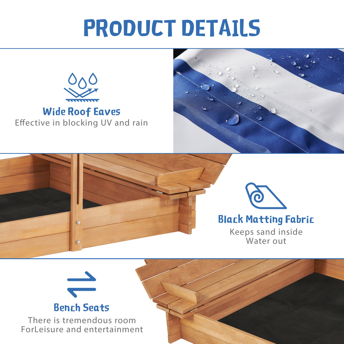 Kids Sandbox With Adjustable Cover, 46'' Wooden Sand Box With 2 Foldable Bench Seats, Outdoor Sandpit For Backyard Play Light Brown Solid Wood