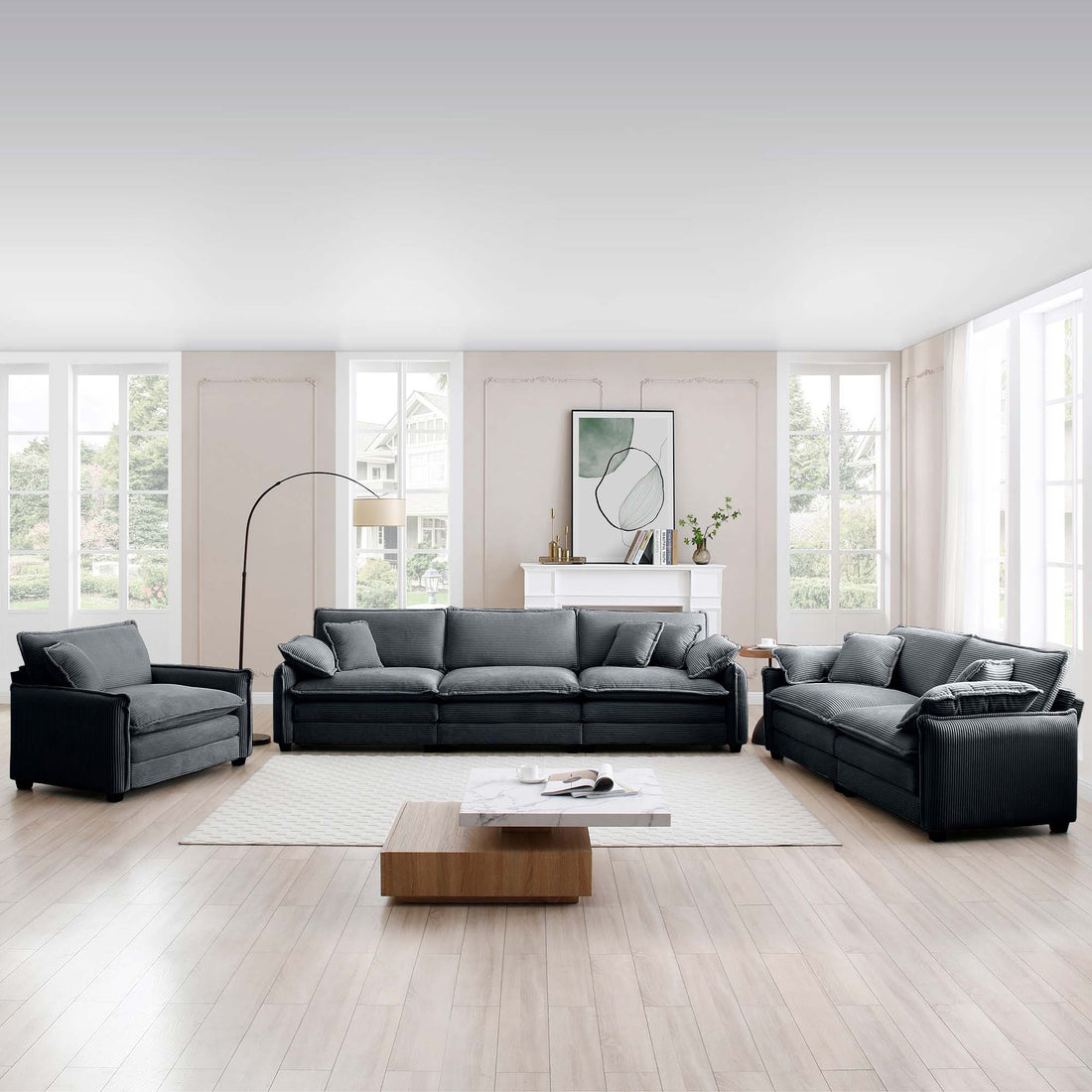 3 Piece Comfortable Oversized Sectional Sofa, One Single Sofa And One 2 Seater Sofa And One 3 Seater Sofa ,Grey Corduroy Deep Seat Sofa Grey Corduroy 6 Seat