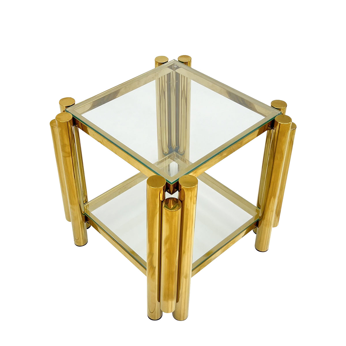 20 Inch Square End Table, Modern Stainless Steel End Table, Double Layer Clear Tempered Glass Coffee Table, Side Table With Storage, For Living Room Home Office, Gold Clear,Gold Modern Open Storage