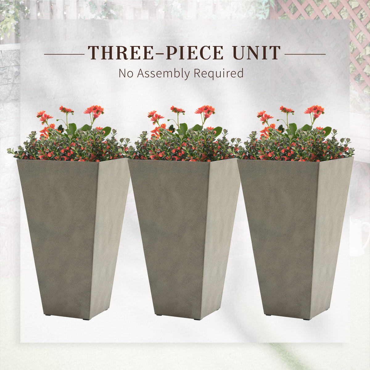 Outsunny Set Of 3 Tall Planters With Drainage Hole, 28" Outdoor Flower Pots, Indoor Planters For Porch Patio And Deck, Gray Gray Polypropylene