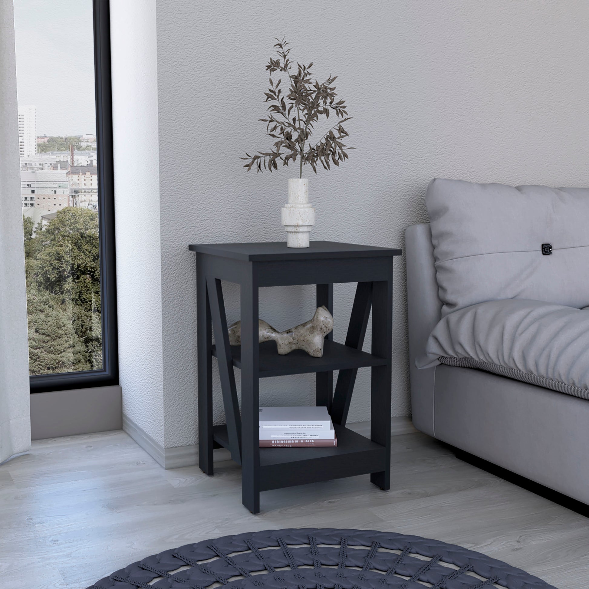 Taylor 3 Tier End Table Nightstand, Side Table For Small Space, Black Black Solid Wood Mdf Engineered Wood