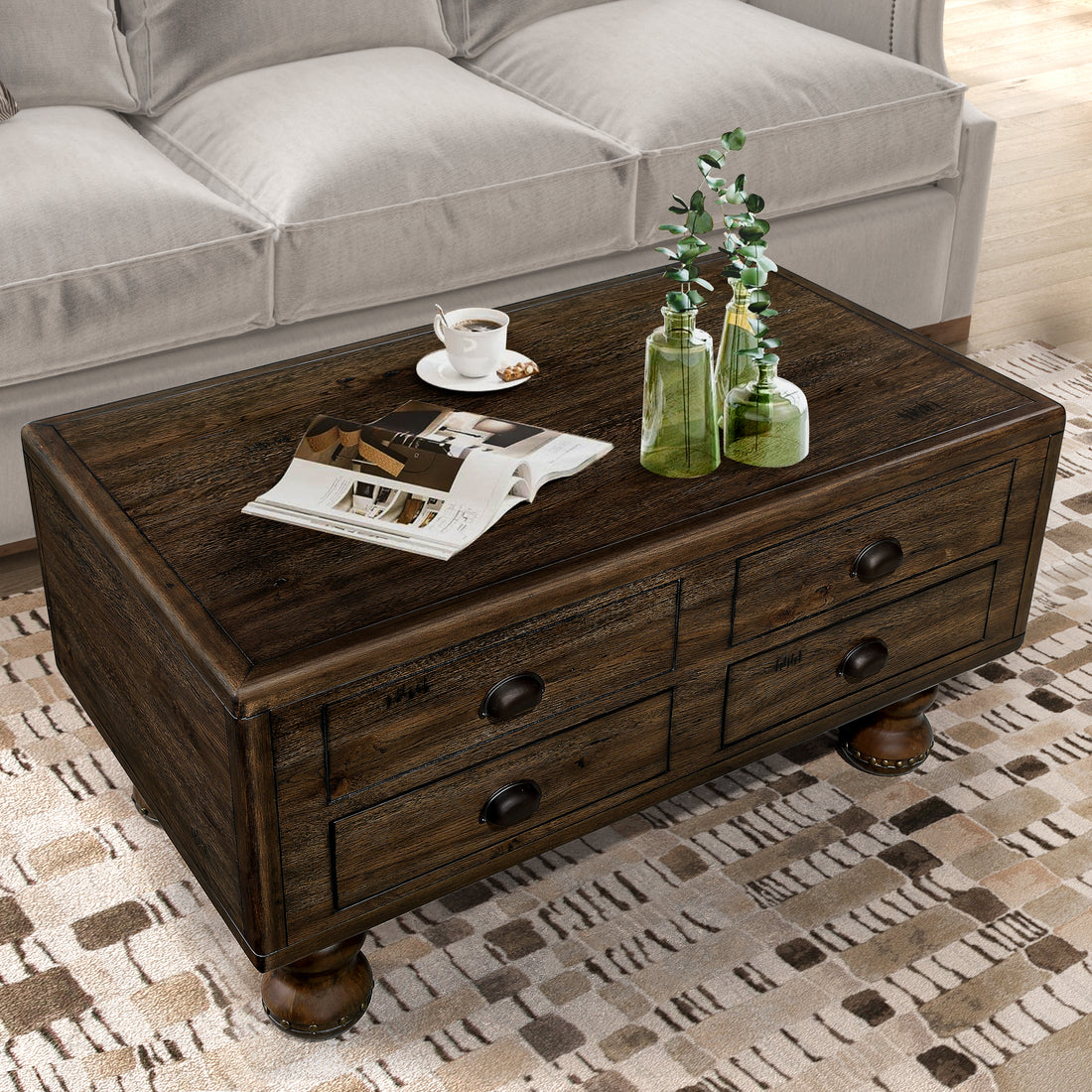 Solid Wood Rectangle Coffee Table For Living Room, 40 Inch Antique Coffee Table With 4 Drawers, Wood Center Table Tea Table With Rivet Decoration Legs.Easy Assembly, Espresso Espresso Pine