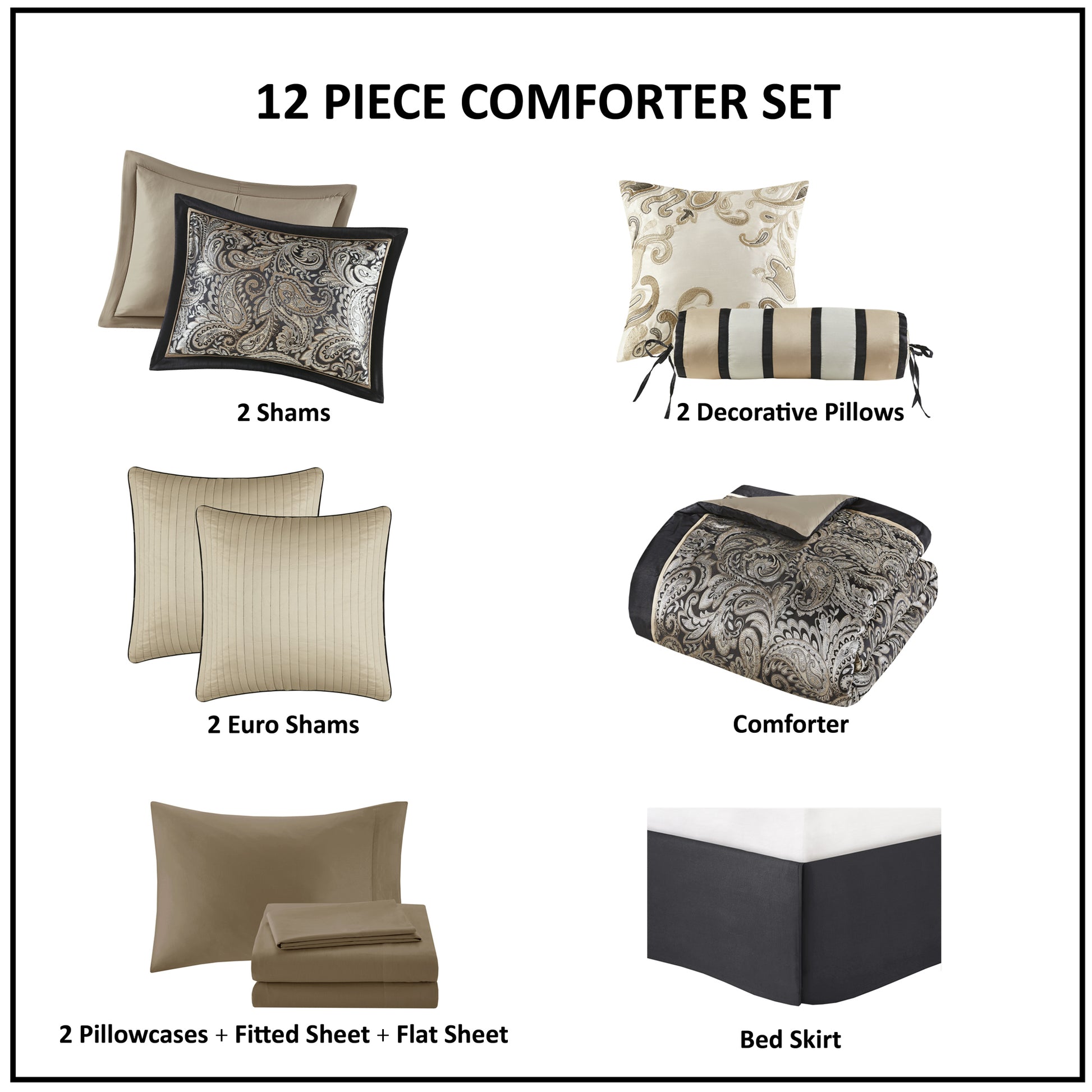 12 Piece Comforter Set With Cotton Bed Sheets Black King King Black Cotton