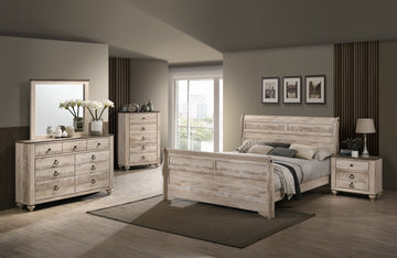 Imerland Contemporary White Wash Finish Bedroom Set With Queen Sleigh Bed, Dresser, Mirror, Nightstand, Chest Box Spring Required Queen Walnut Brown Wood Light Brown 5 Piece Set Bedroom Bed Included,Chest Included,Dresser Included,Mirror