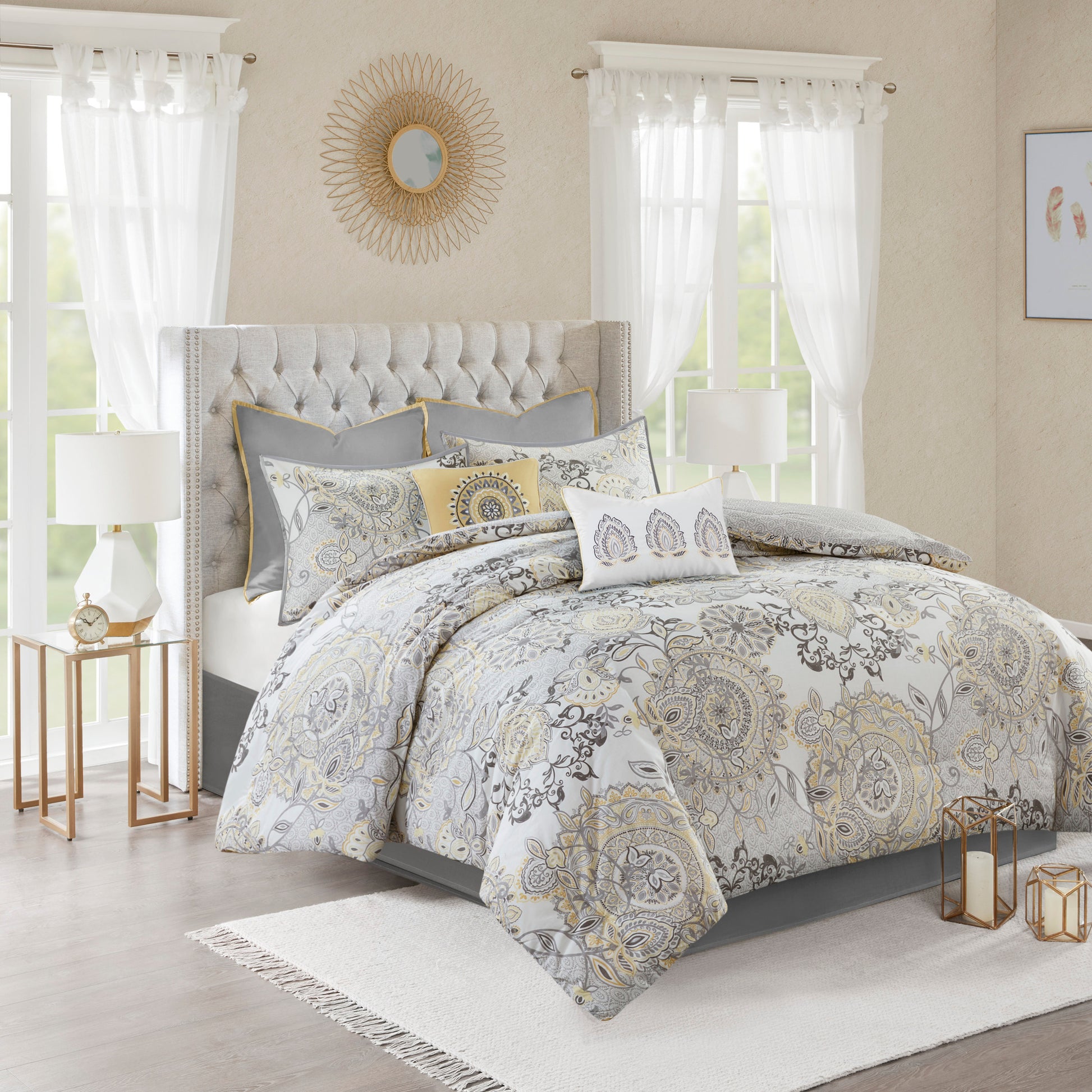 8 Piece Cotton Floral Printed Reversible Comforter Set Yellow King King Yellow Cotton