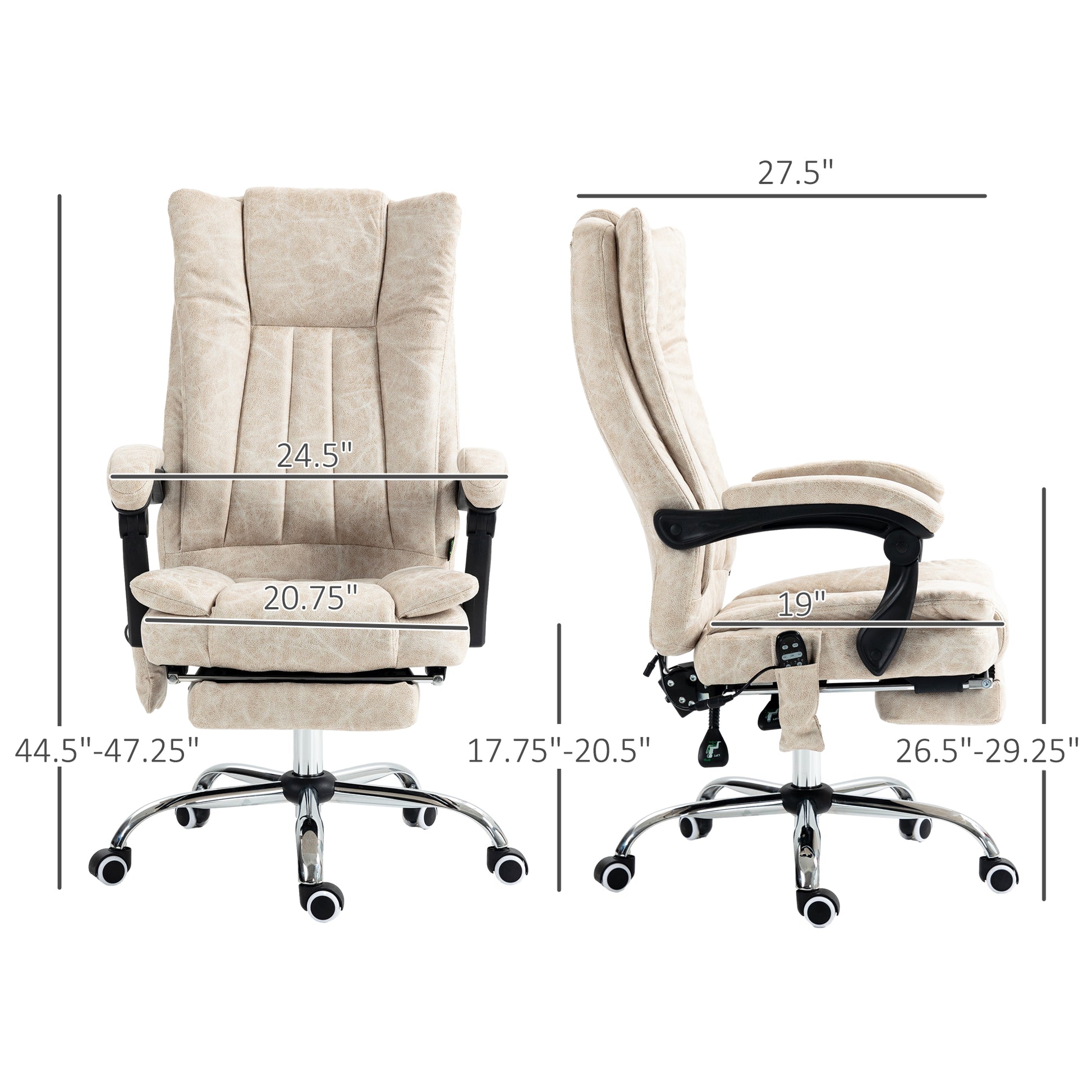 Vinsetto Microfiber Office Chair, High Back Computer Chair With 6 Point Massage, Heat, Adjustable Height And Retractable Footrest, Cream White Cream White Polyester