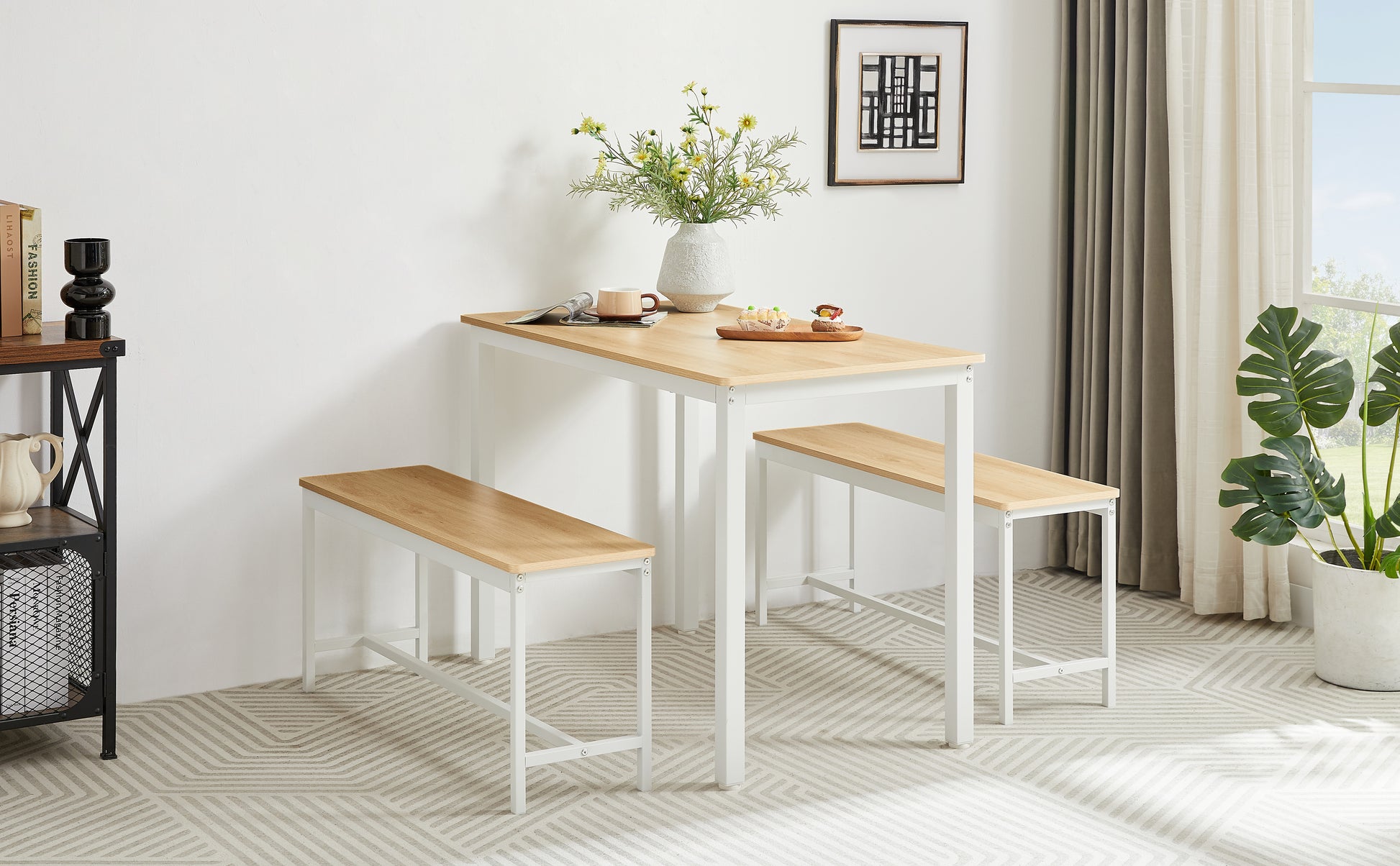Dining Table Set, Bar Table With 2 Dining Benches, Kitchen Table Counter With Chairs, Industrial For Kitchen Breakfast Table, Living Room, Party Room, Natural And White43.3 L X23.6 W X 29.9 H White Natural Particle Board