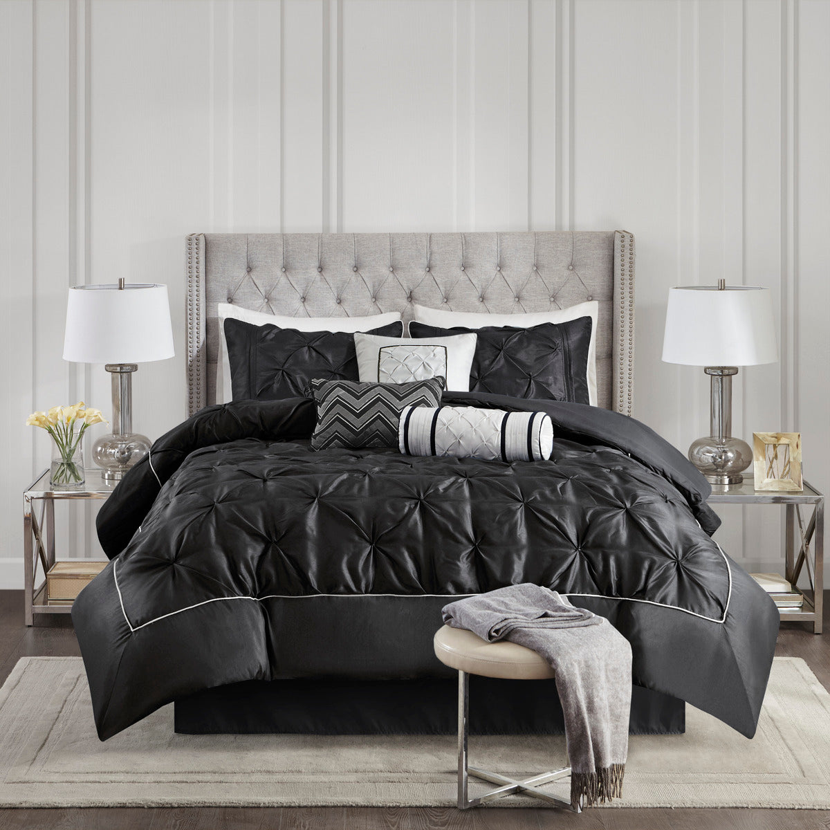7 Piece Tufted Comforter Set Black Cal King California King Black Polyester