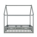 Full Size Wood House Bed With Fence And Door, Gray Box Spring Not Required Full Gray Wood Bedroom Bed Frame Pine
