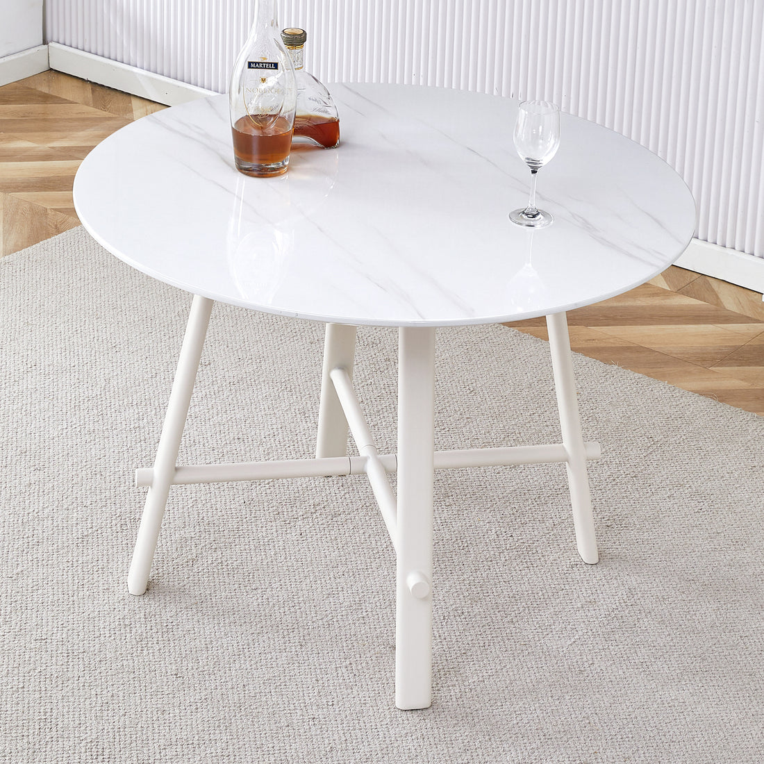 A Modern Minimalist Circular Dining Table With A 42 Inch Diameter White Patterned Tabletop And White Metal Legs. Suitable For Restaurants, Living Rooms, And Conference Rooms. White Mdf Metal