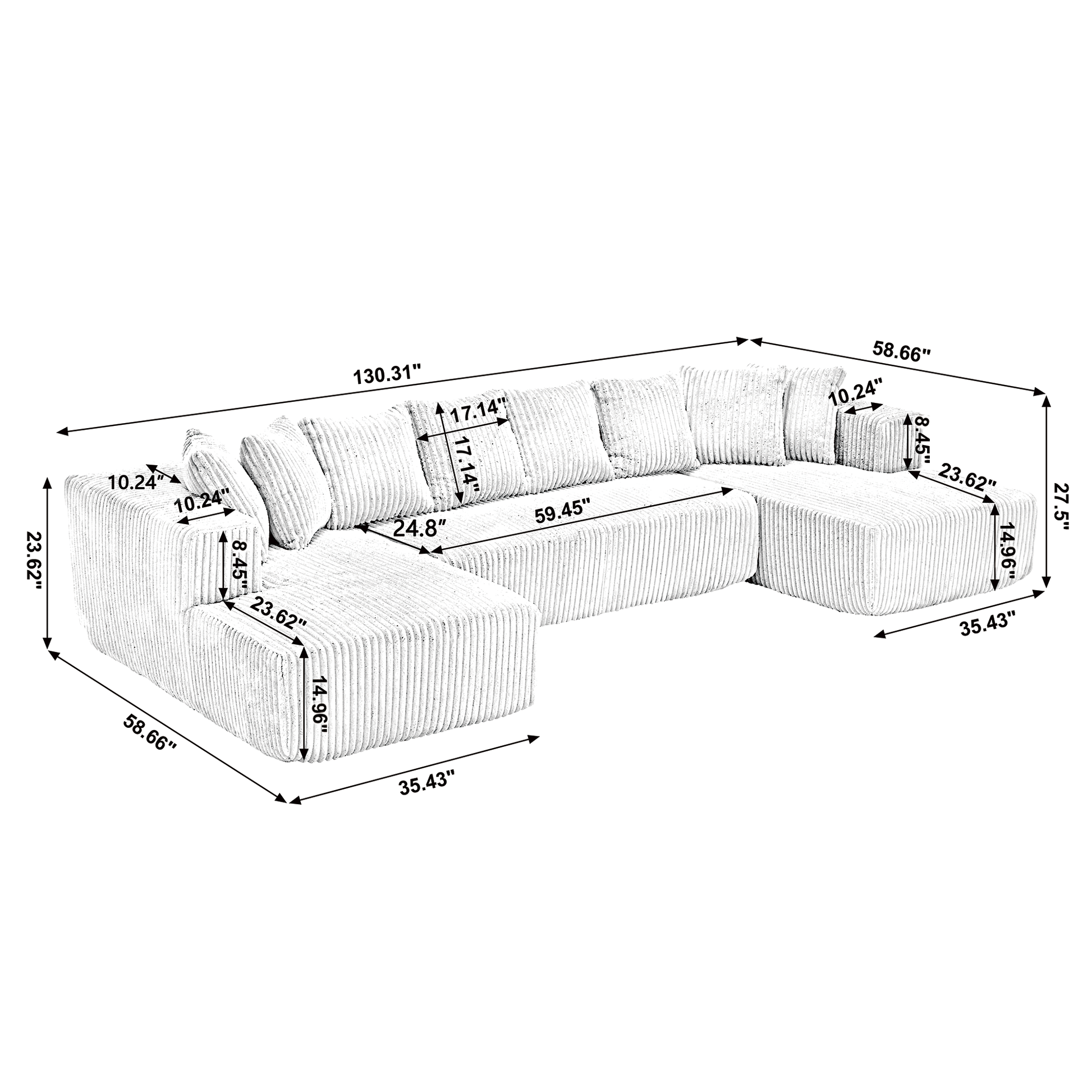 Arrived 131'' Modular Sectional Couch, U Shaped Sofachaise Lounge, Striped Fabric,Upholstered 4 Seater Couch For Living Room, Bedroom, Free Combination Sofa Corduroy , Gray Gray Polyester Primary Living Space Soft Modern Square Arms Foam Upholstered 4