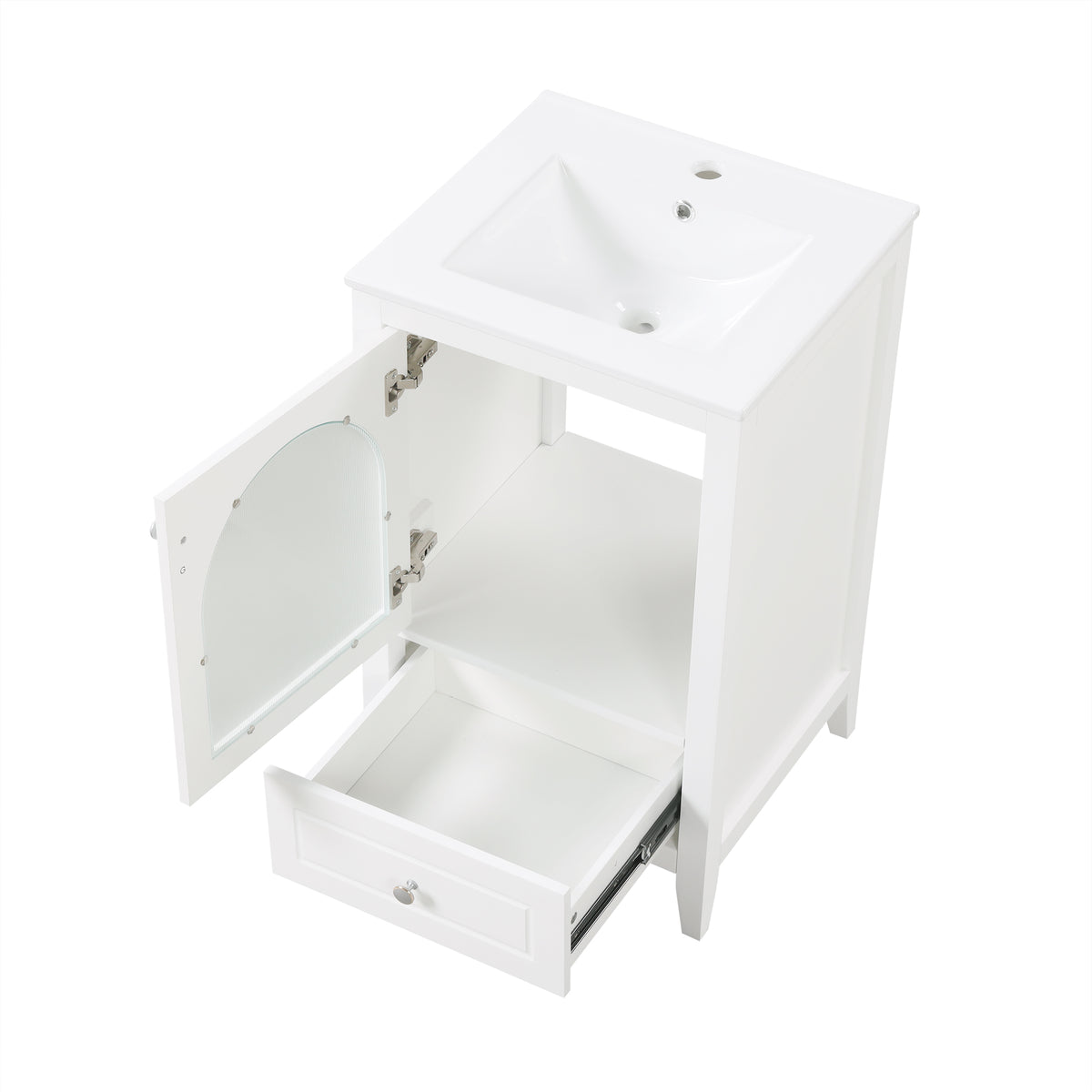 20" Bathroom Vanity With Sink, Bathroom Cabinet With Soft Closing Glass Door, A Drawer, White White Mdf