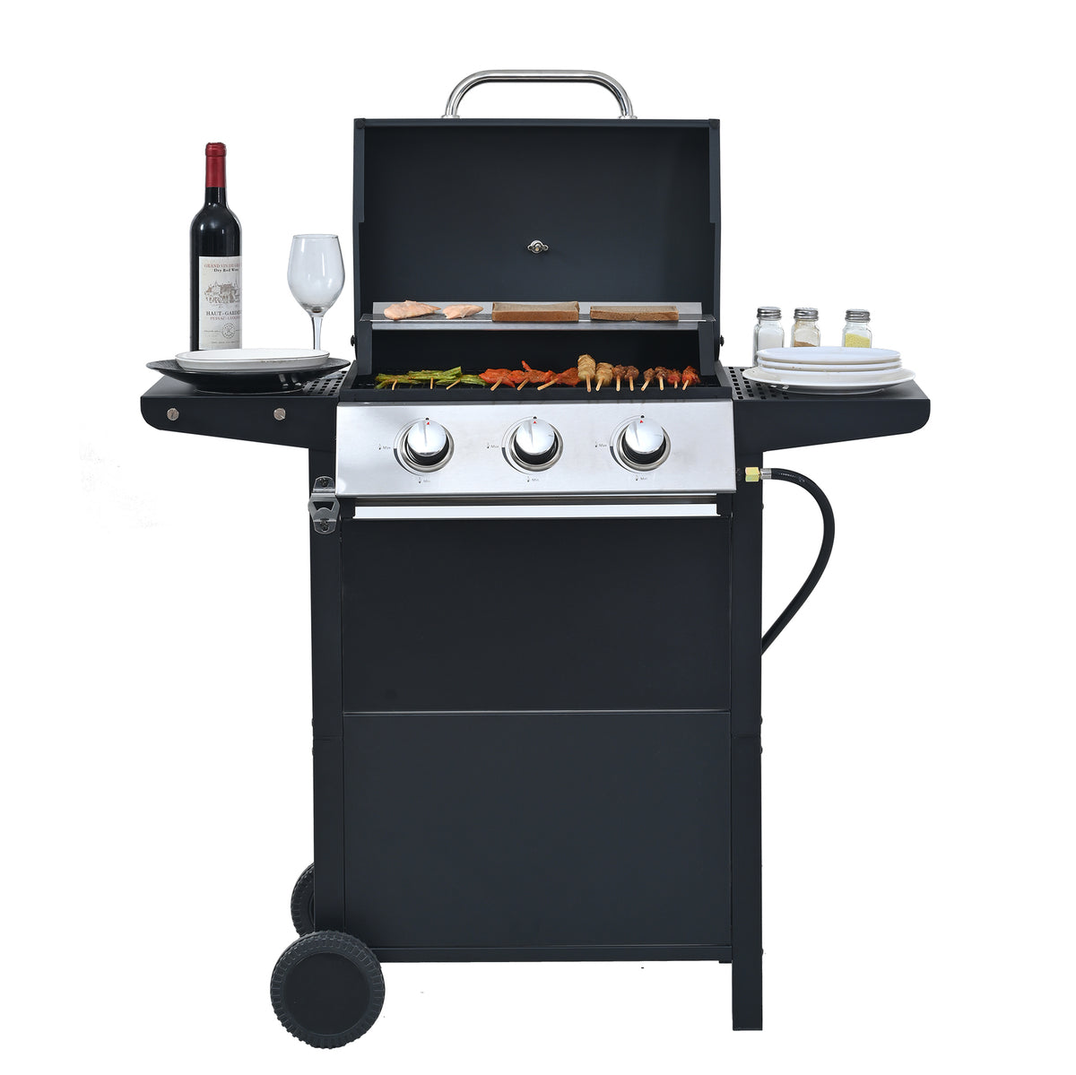 Propane Gas Grill 4 Burner Barbecue Grill, Stainless Steel 34,000 Btu Patio Garden Barbecue Grill With Two Shelves, Lid, Wheels And Bottle Opener Black Iron