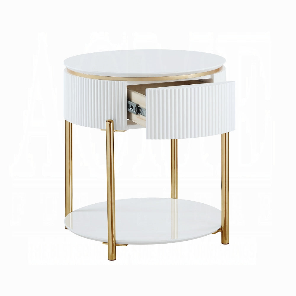 White High Gloss And Gold End Table With Metal Leg White Gold Primary Living Space Drawers Rectangular Wood Metal