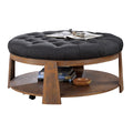Wire Brushed Finish Natural Tone Dark Gray 1Pc Ottoman Transitional Style Deep Button Linen Like Tufted Seat Open Bottom Shelf Living Room Dark Gray Linen Primary Living Space Beige Contemporary,Rustic,Transitional Rubberwood Round Tufted Solid Wood