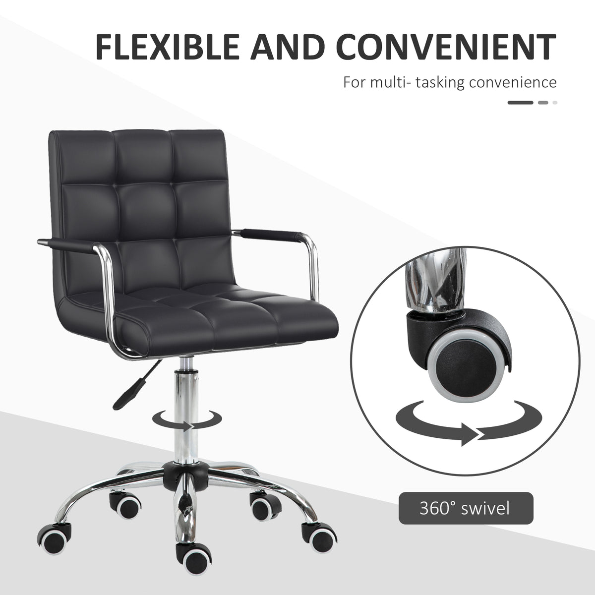 Homcom Home Office Chair, Modern Computer Desk Chair, Task Chair With Upholstered Pu Leather, Adjustable Height, Swivel Wheels, Black Black Faux Leather