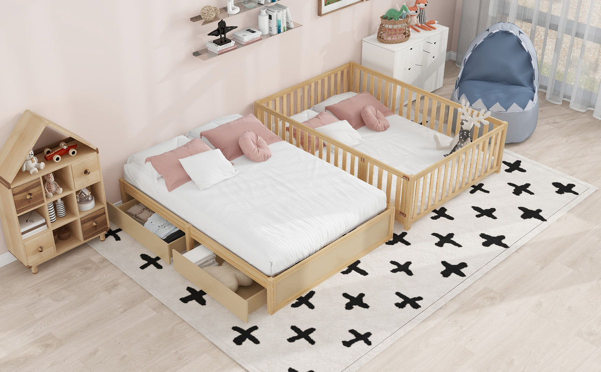 Full Size Wood Daybed With Fence Guardrails And 2 Drawers, Split Into Independent Floor Bed & Daybed, Natural Old Sku :Lp000882Aan Full Natural Solid Wood Mdf