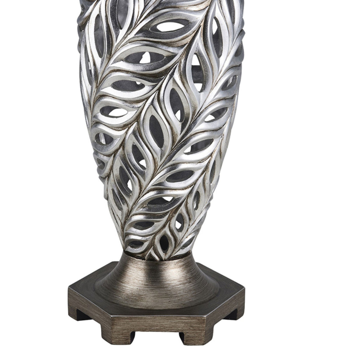 15.75" Tall Polyresin Decorative Vase "Kiara", Silver Peacock Feathers Design Silver Polyresin