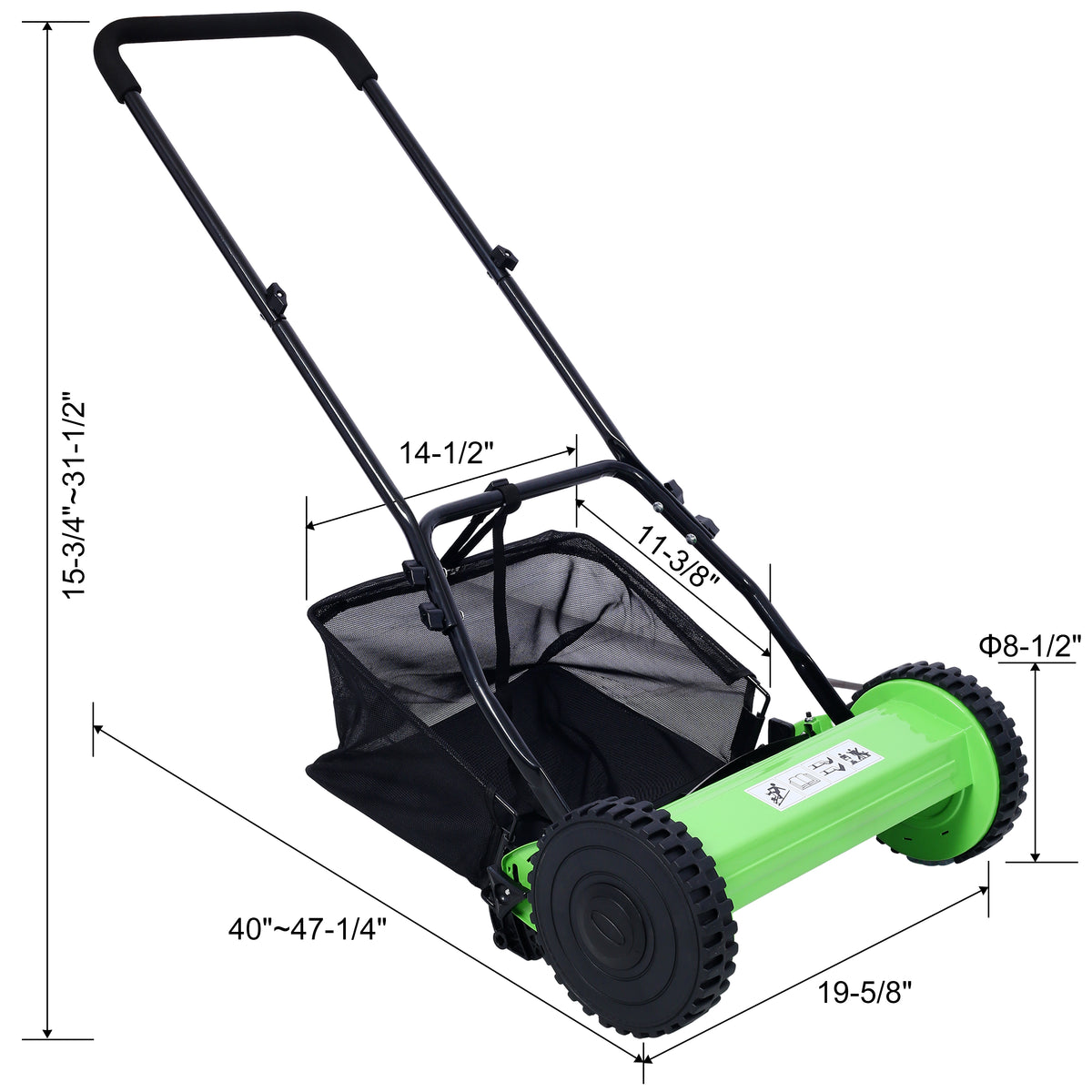 14 Inch 5 Blade Push Reel Lawn Mower With Grass Catcher, Green Color Green Steel
