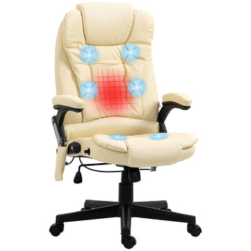 Homcom High Back Vibration Massage Office Chair With 6 Vibration Points, Heated Reclining Pu Leather Computer Chair With Armrest And Remote, Beige Beige Pu