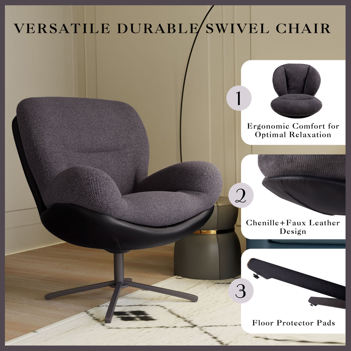 360 Swivel Accent Chair, Modern Chenille Lounge Chair With Faux Leather And Black Metal Base Frame, Comfortable Reading Chair For Small Spaces, Living Room, Bedroom, Reading Corner, Office, Dark Gray Black,Dark Gray Brown Primary Living Space