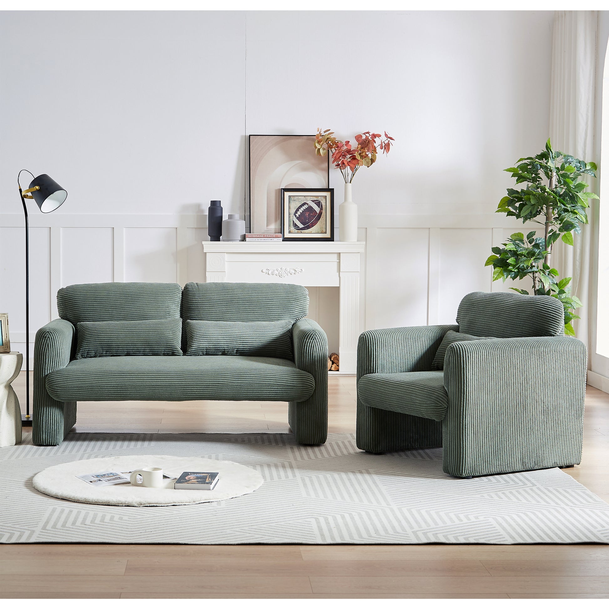 60"Corduroy Fabric Sofa With 33" Single Sofa, Modern Sofa With Support Pillowfor Apartment, Office, Living Room & Bedroom Green Corduroy 3 Seat