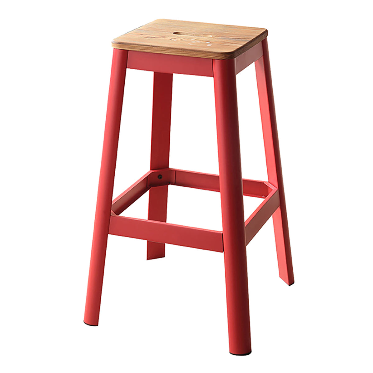 Natural And Red Armless Bar Stool With Crossbar Support Red Bedroom Farmhouse Pine 1 Wood Metal