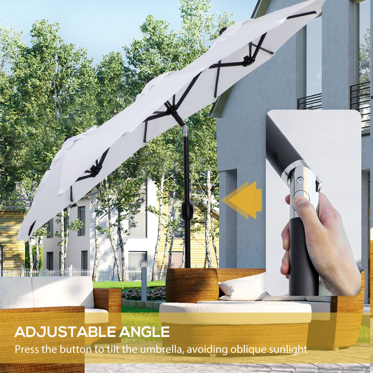Outsunny Double Sided Patio Umbrella 9.5' Large Outdoor Market Umbrella With Push Button Tilt And Crank, 3 Air Vents And 12 Ribs, For Garden, Deck, Pool, White Cream Polyester