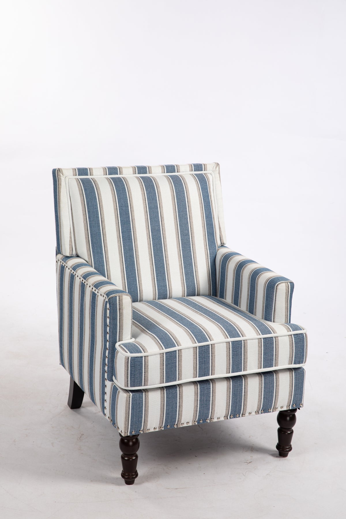 Upholstered Accent Chair, Vintage Armchair With Blue And White Striped Linen Fabric And Trim For Living Room Blue Cotton