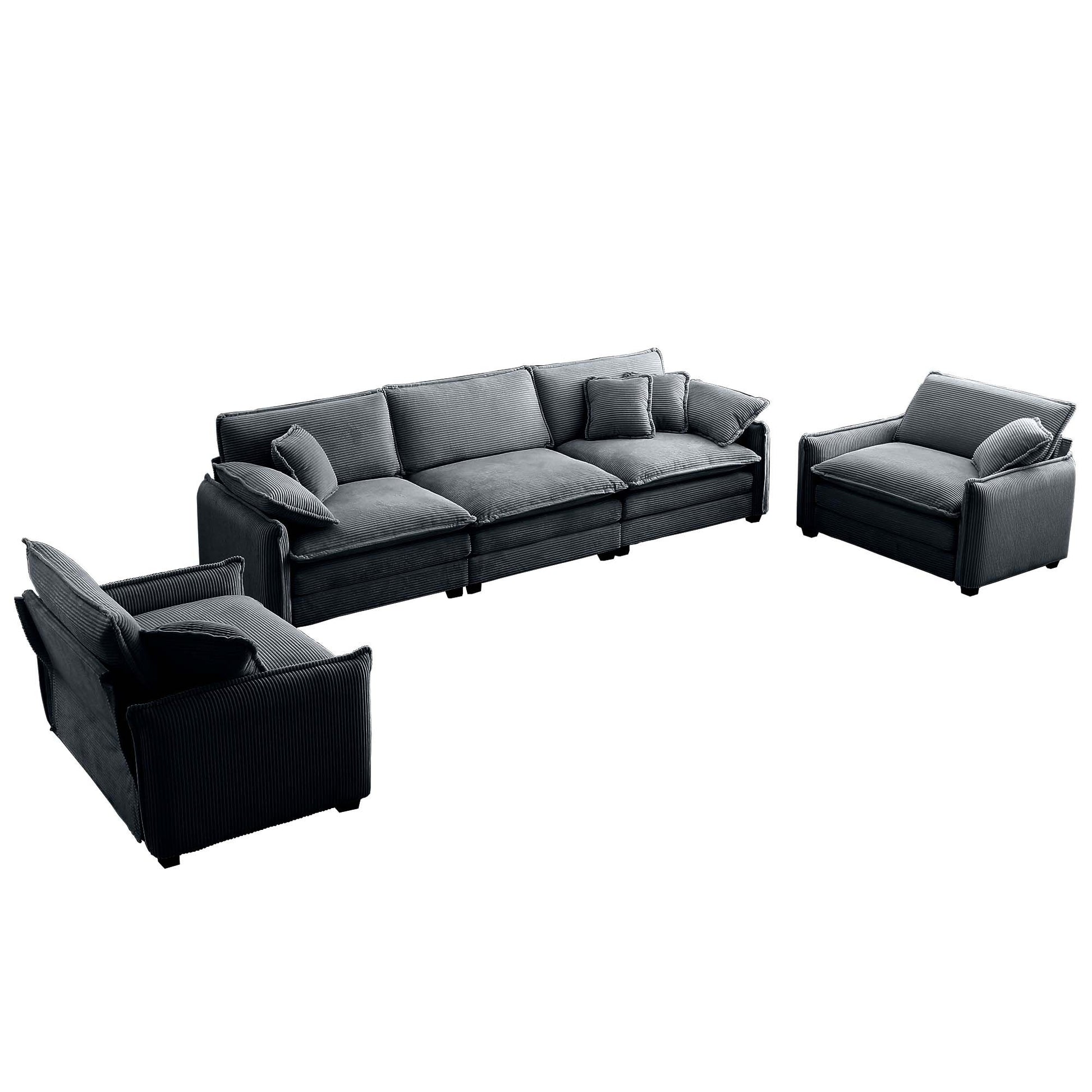 Warm And Cozy Sofa Set With Soft Cushions And Pillows, Home Theater Style Sofa Set Consisting Of A 3 Seater Sofa And Two Single Sofas Ingrey Corduroy Fabric Grey Corduroy 5 Seat