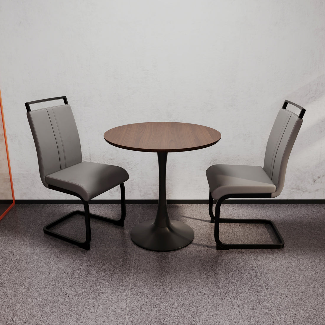 Walnut Circular Dining Table, 31.5 "Tulip Dining Table, Kitchen Dining Table For 2 4 People, Mdf Tabletop And Base, And 2 Gray Pu Black Metal Leg Dining Chairs Set 2 Walnut Mdf