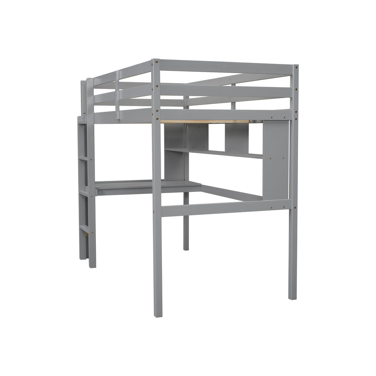 Twin Size Loft Bed With Desk And Shelves, Safety Guardrail And Ladder,Grey Twin Grey Pine