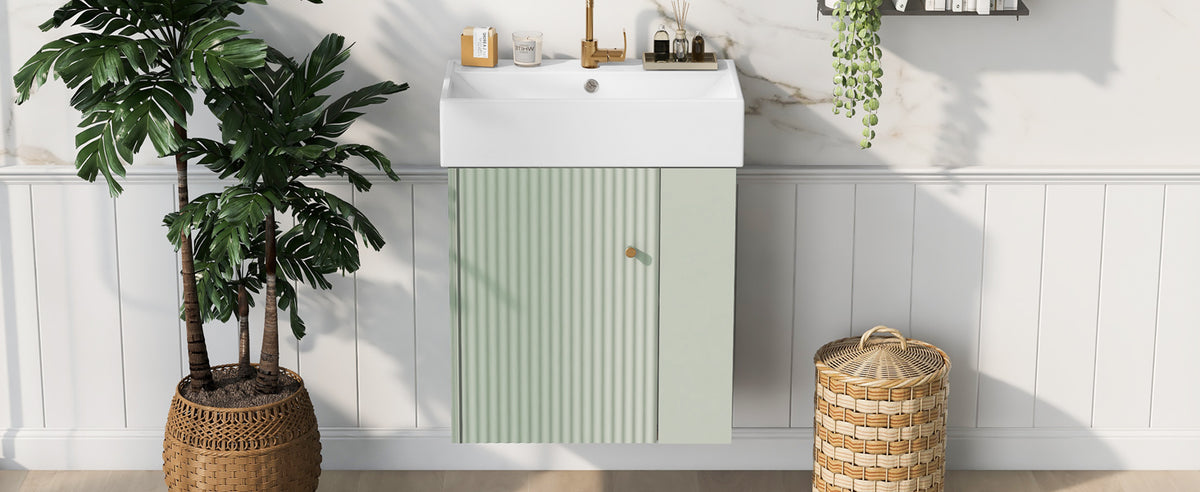 Video 21.6 Inch Modern Floating Bathroom Vanity With Ceramic Basin Perfect For Small Bathrooms, Right Side Storage Green Bathroom Ceramic Mdf