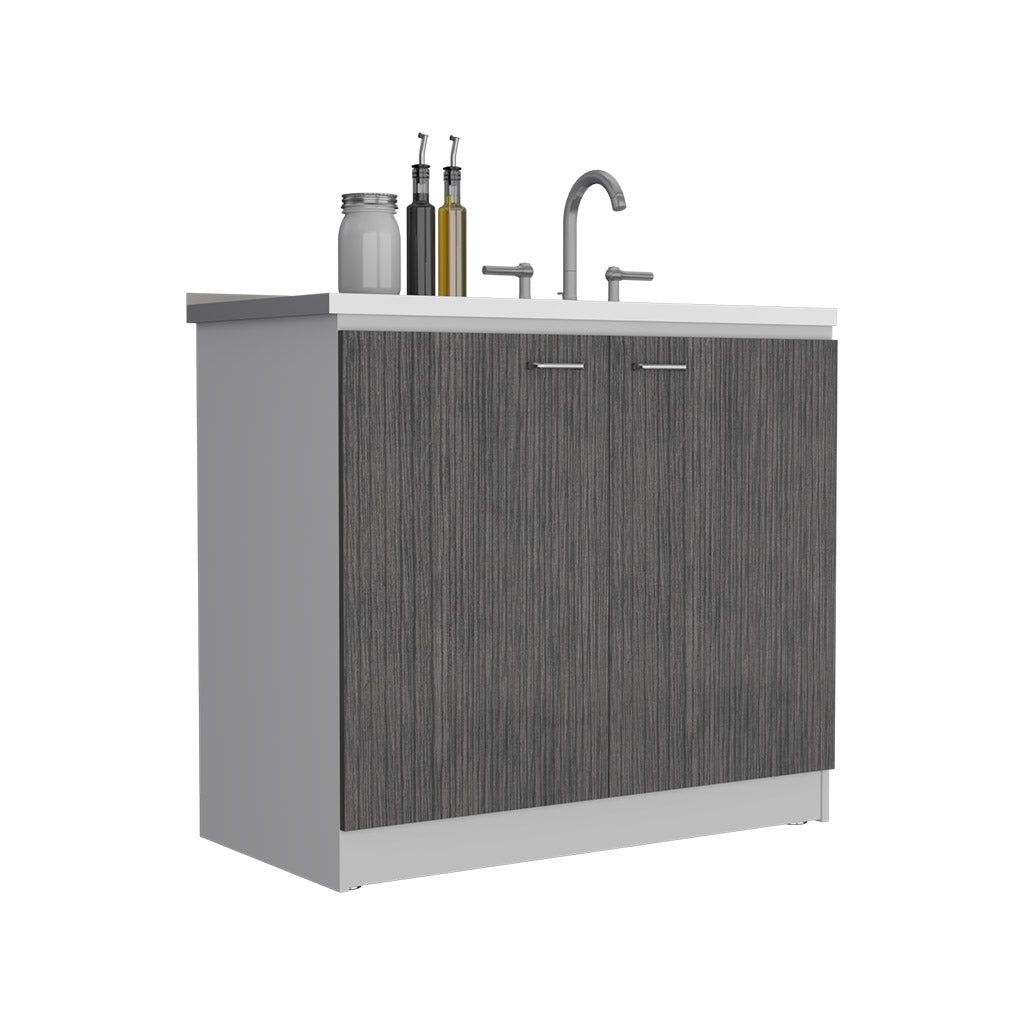 Freestanding Sink, Double Door Cabinet, Two Shelves, White Smokey Oak Multicolor Solid Wood Mdf Engineered Wood