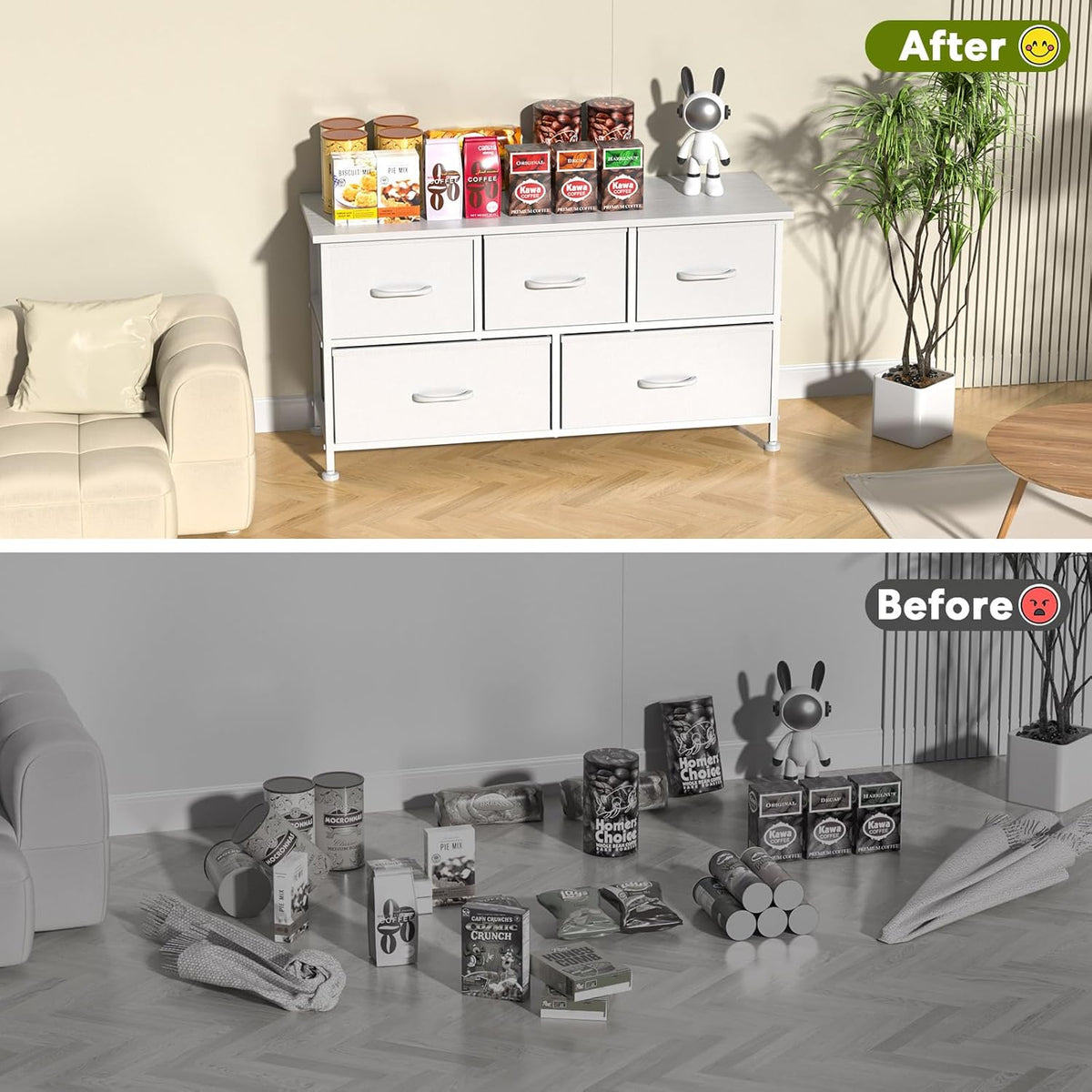 5 Drawers Dresser For Bedroom, Kidsroom Furniture, Wide Chest Of Drawers, Storage Organizer Units With Fabric Bins For Closet, White, Metal Frame, Waterproof Wood Top, Adjustable Feet White Wood