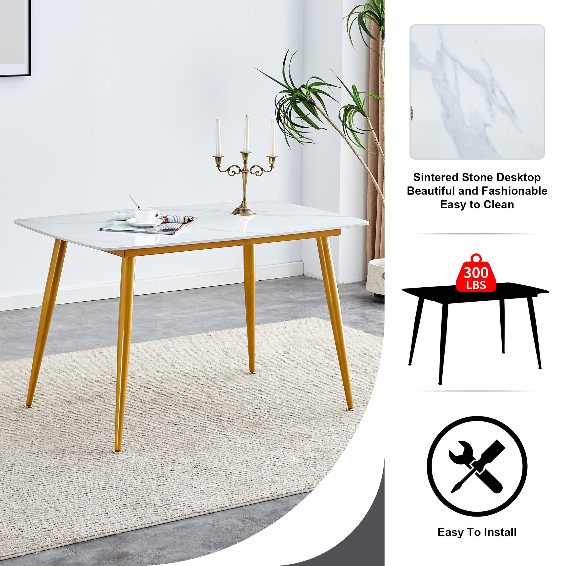 Table And Chair Set.A Morden Table With White Imitation Marble Patterned Stone Burning Tabletop With Golden Metal Legs.Paried With 4 Chairs With Pu Leather Backrest And Black Metal Legs. Black,White Gold Seats 4 Metal,Sintered Stone