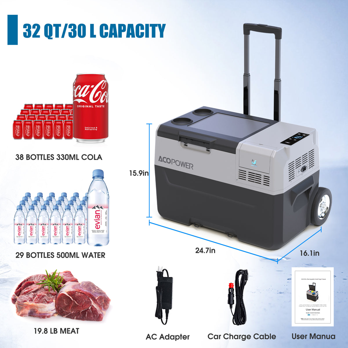32Qt Car Freezer Portable Refrigerator Freezer With App Control And 6'' Off Road Wheels, 12V,45W Cooler Freezer,Low Noice Antique White Gray Plastic