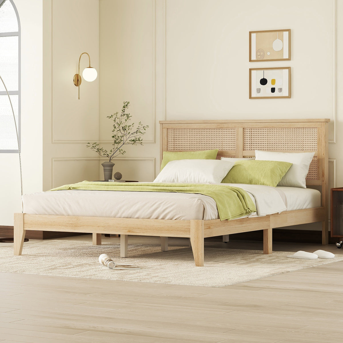 Queen Size Rubber Wooden, Solid Wooden Bed With Rattan Headboard, Enhanced By Support Feet Queen Natural American Design Rubber Wood