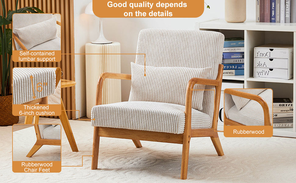 Mid Century Modern Accent Chair, Arm Chair Living Room Chairs With Pillow Upholstered Reading Chair With Solid Wood Frame & Living Room Bedroom Balcony Beige Beige Brown Primary Living Space