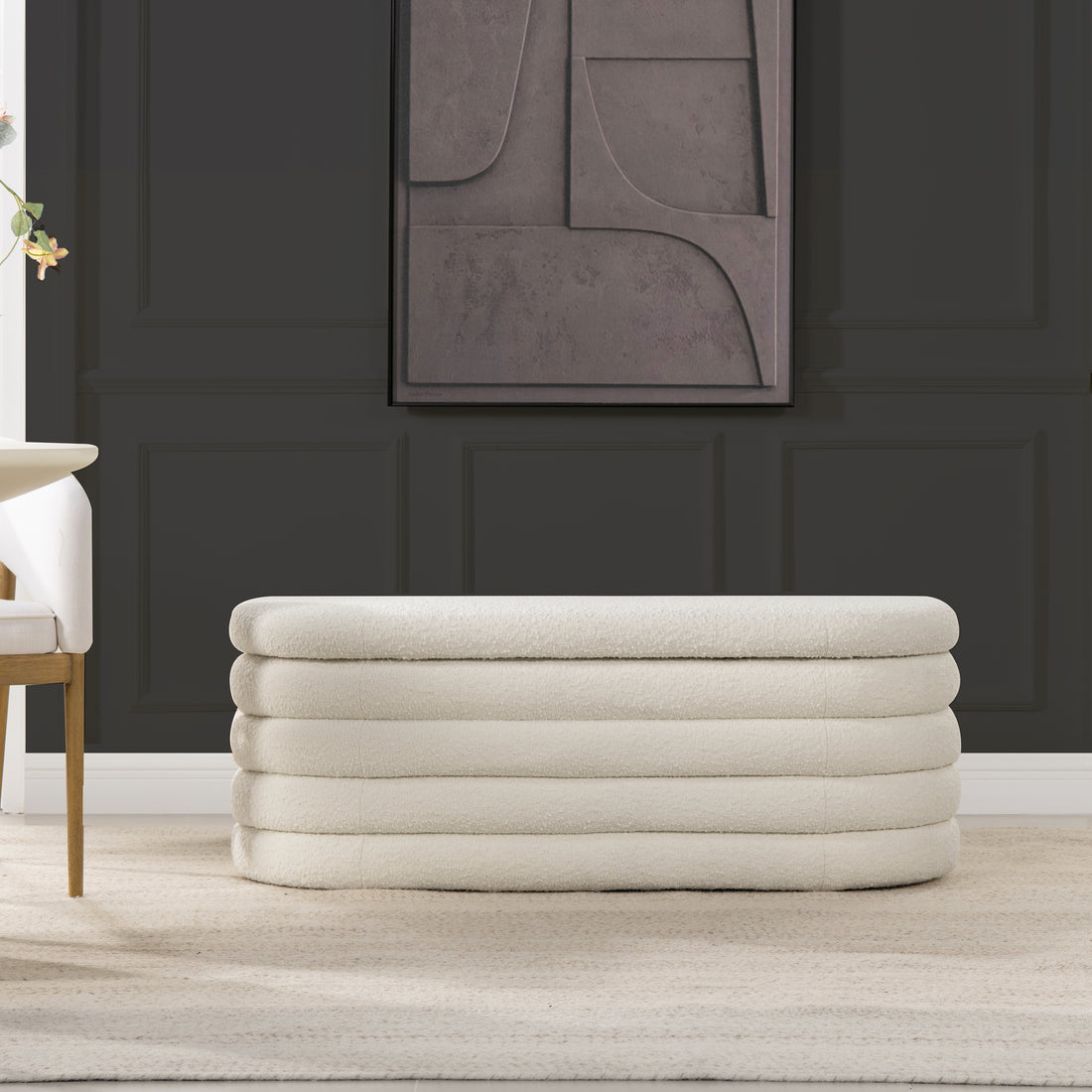 Fuji 49" Upholstered Oval Storage Bench, Ivory White Boucle White Foam Boucle