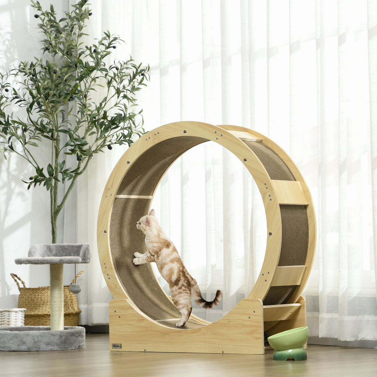 Pawhut Cat Wheel For Indoor Cats, 36" Cat Treadmill With Scratching Pads, Cat Exercise Running Wheel With Brake For Health And Fitness, Oak Oak Wood